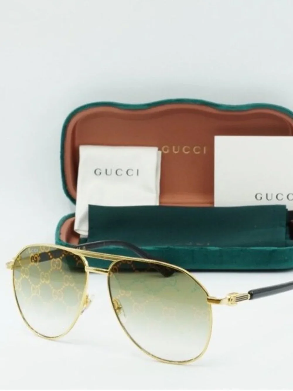 Gucci GG1220S 004 Aviator Sunglasses – Gold/Green with Pattern